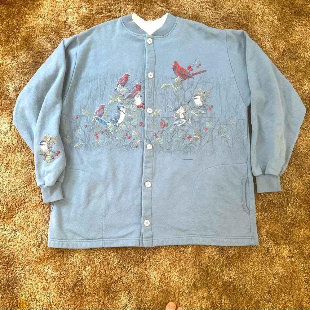 Vintage National Wildlife Federation Grandma Collared Sweater XXL Birds Holly
